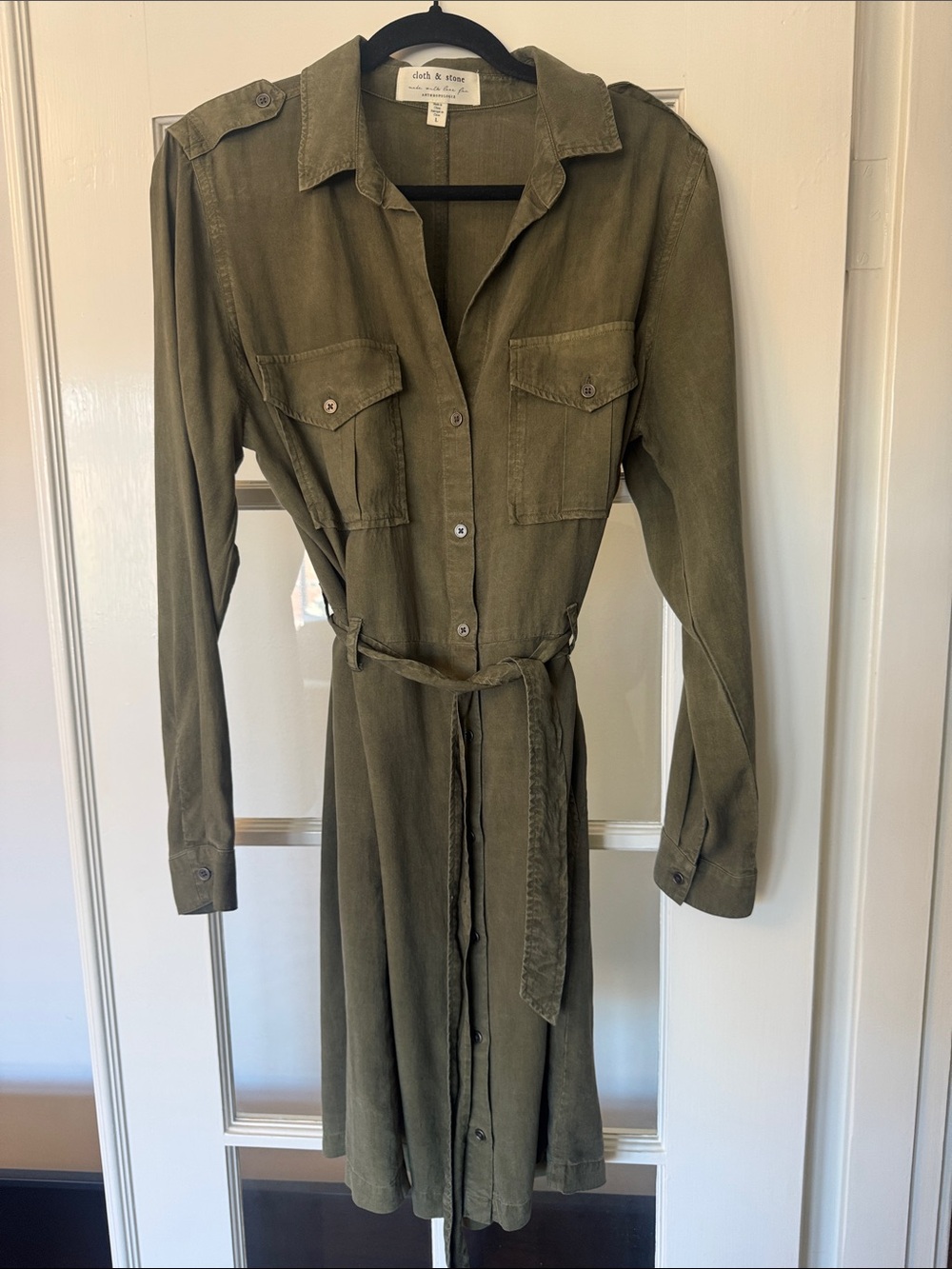 cloth & stone Olive Utility Midi Shirt Dress with Tie Waist